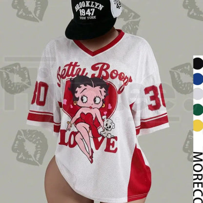 Streetwear Y2K Mesh Breathable American Vintage Doll Print V-Neck Short Sleeve T-Shirt