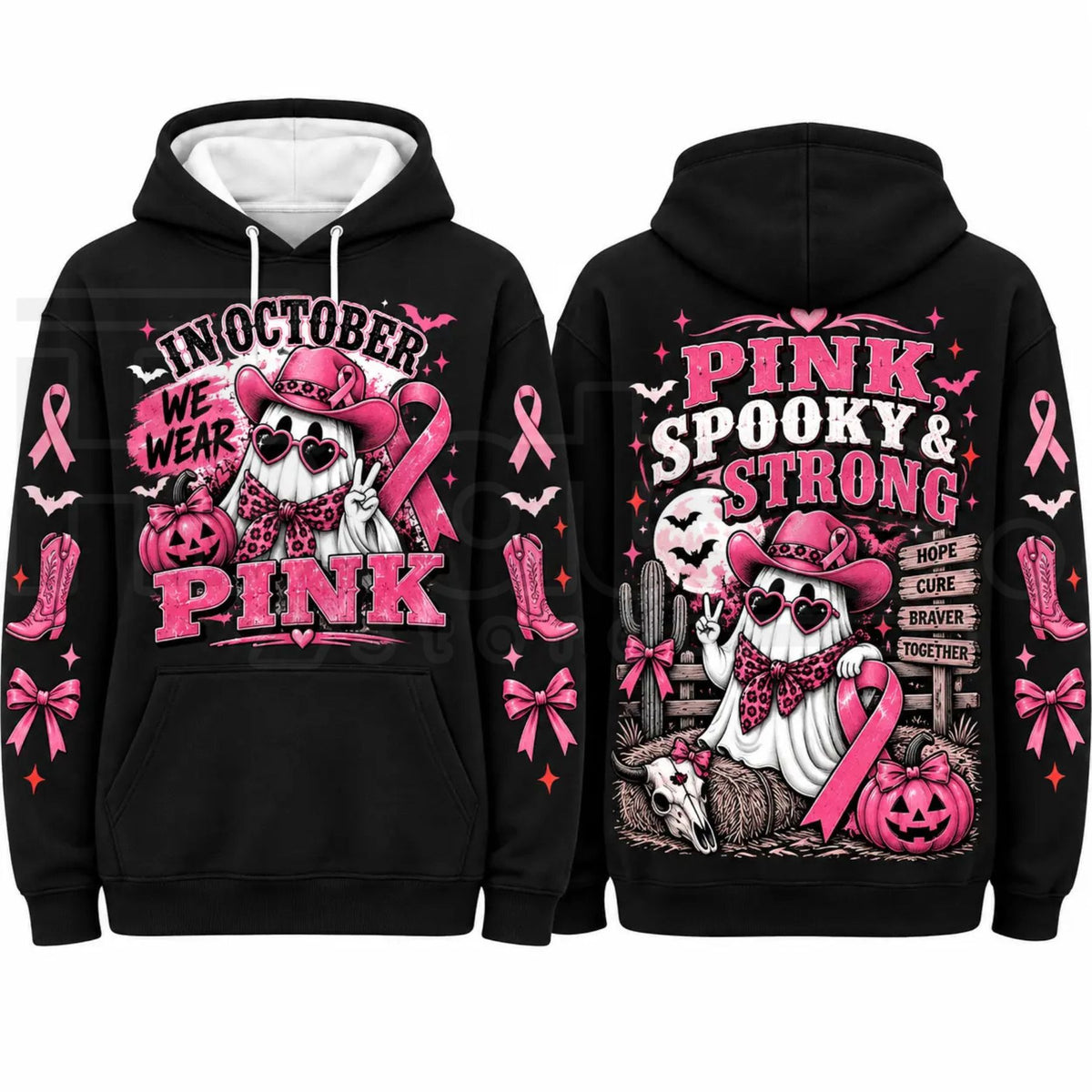 In October We Wear Pink Horror Hoodie – Spooky Movie Character Pink Ribbon Graphic Pullover, Breast Cancer Awareness Halloween