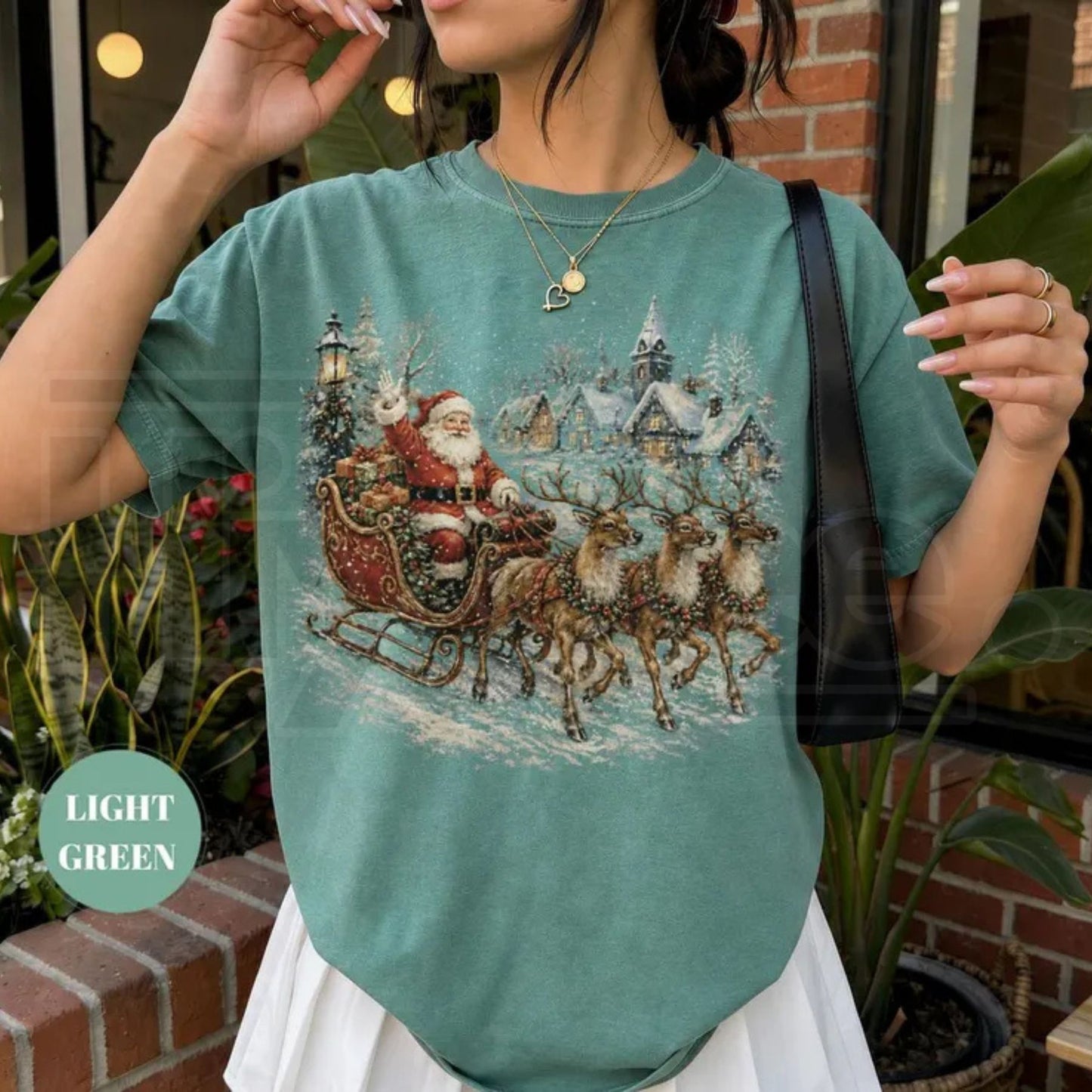Vintage Santa Sleigh Christmas Shirt Retro Snowy Village Reindeer Tee