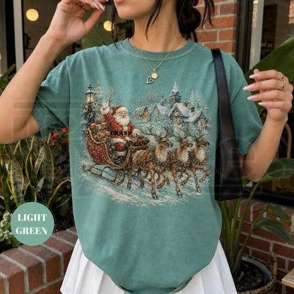 Vintage Santa Sleigh Christmas Shirt Retro Snowy Village Reindeer Tee