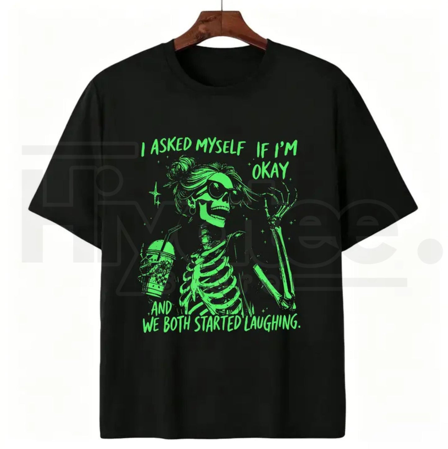 Asked Myself If I'm Okay We Both Start Laughing T-Shirt – Trendy Skeleton Graphic Tee