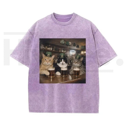 Unisex Cat Shamrock Vintage Washed T-Shirt – St. Patrick’s Day Graphic Tee