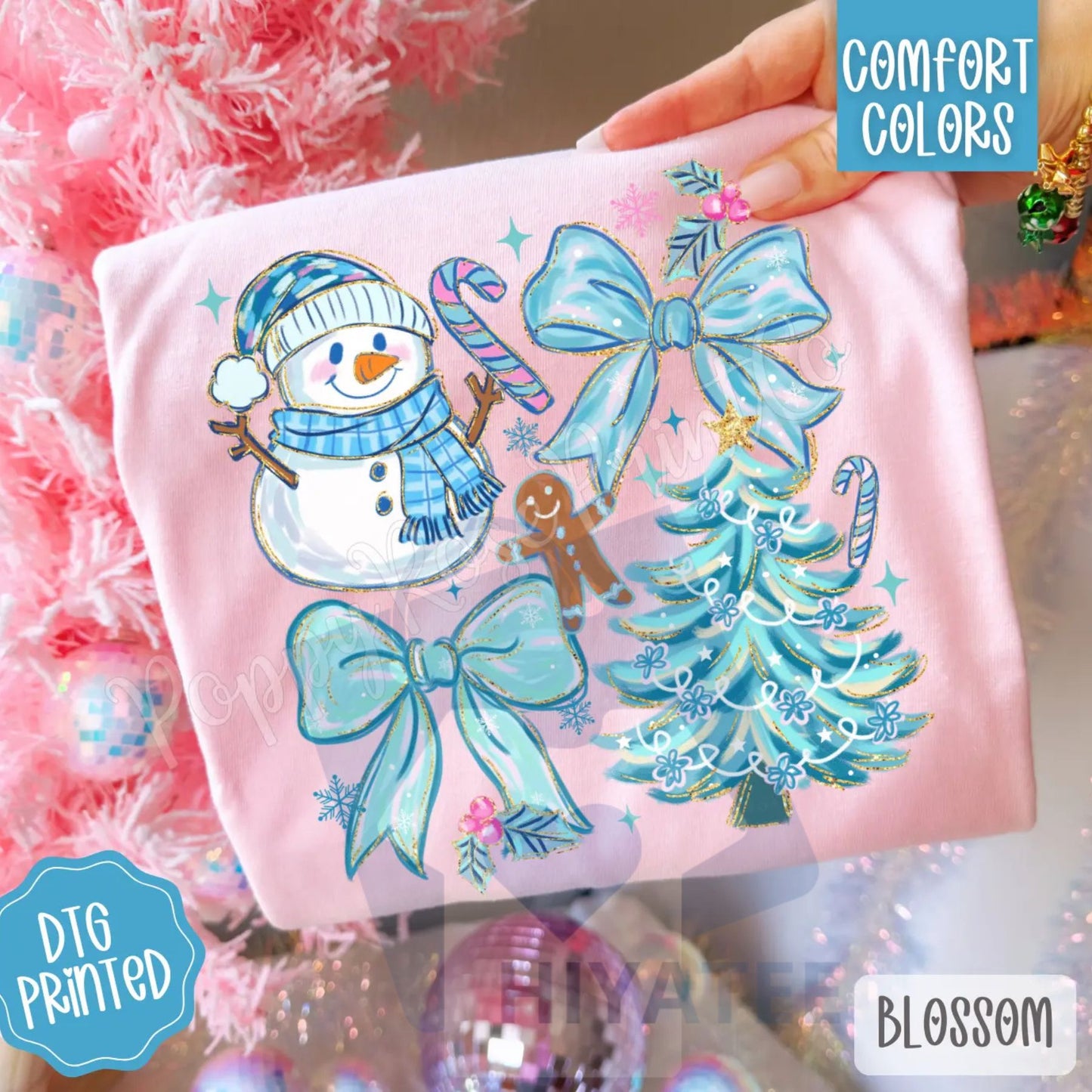 Blue Christmas Comfort Colors, Trendy Women's Holiday Tshirt