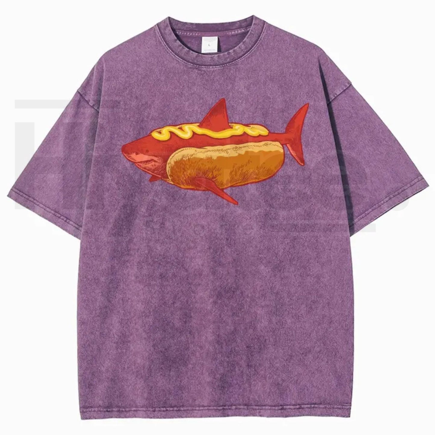 Shark Hotdog Funny Food Meme Vintage Washed Tee – Weirdcore Ocean Animal Graphic T-Shirt