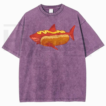 Shark Hotdog Funny Food Meme Vintage Washed Tee – Weirdcore Ocean Animal Graphic T-Shirt