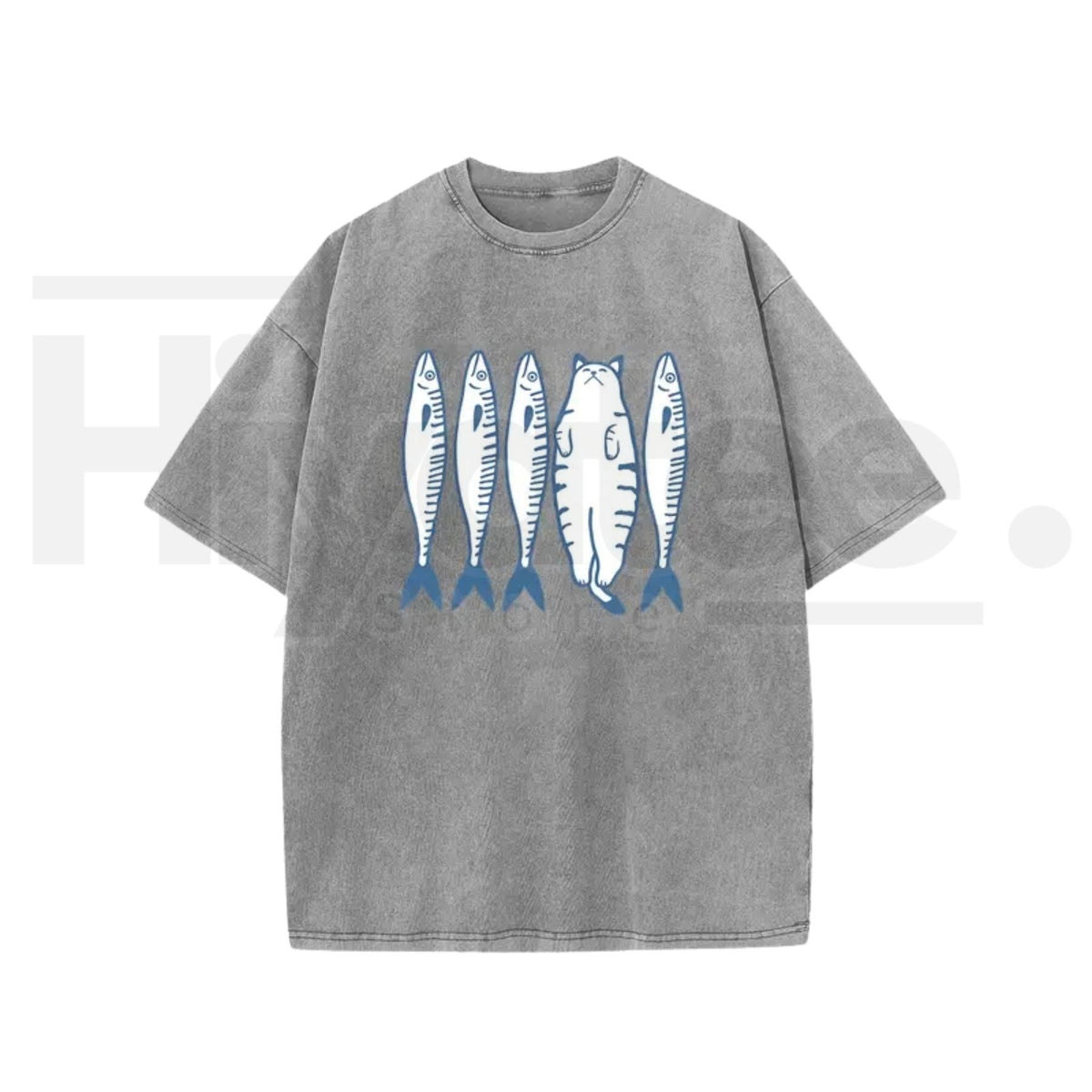 Holafish Cat & Fish Cartoon Vintage Acid Wash T-Shirt – Loose Drop Shoulder Pure Cotton Summer Tee