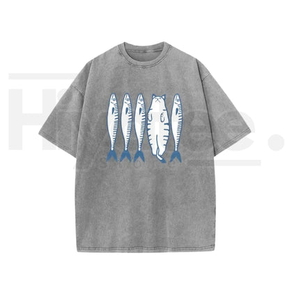 Holafish Cat & Fish Cartoon Vintage Acid Wash T-Shirt – Loose Drop Shoulder Pure Cotton Summer Tee