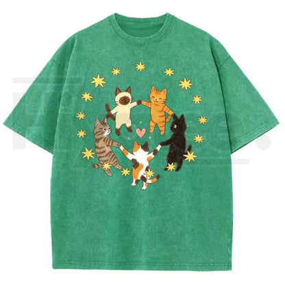 Five Holding Hands Circle Cats Yellow Star Heart Vintage Washed Tee – Y2K Aesthetic Cute Graphic Shirt