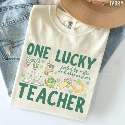 Comfort Colors® One Lucky Teacher St Patrick's T-Shirt – 'Fueled By Coffee and Shenanigans' Clover Tee