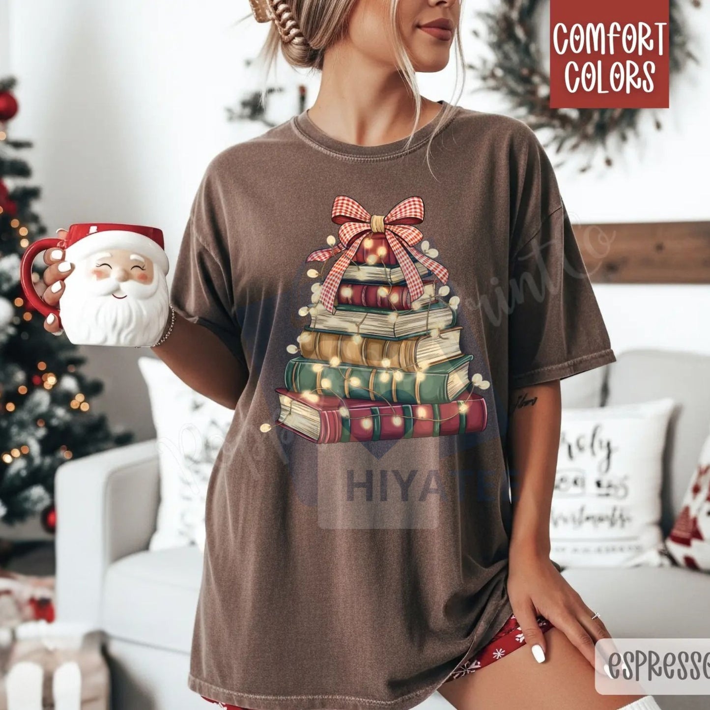 Christmas Book Tree Shirt Comfort Colors – Trendy Women's Holiday Reading T-shirt, Book Lover Gift, Library Tee