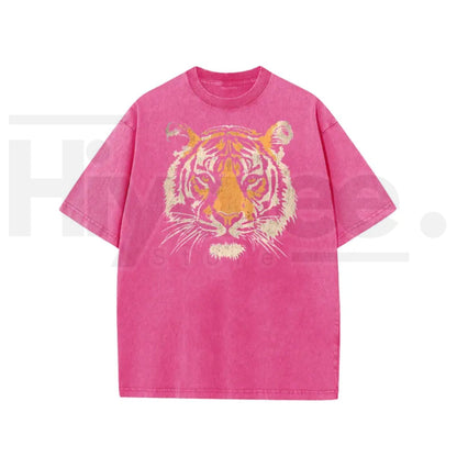 Holafish Unisex Vintage Tiger Graphic Short Sleeve T-Shirt – Acid Washed Heavyweight Cotton Oversized Streetwear Top