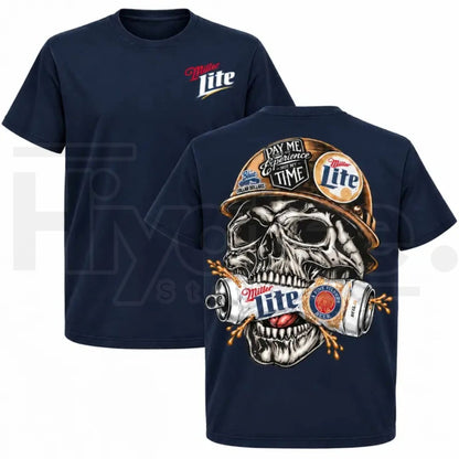 Men's Miller Lite Skull T-Shirt – Retro Blue Collar Workwear Beer Graphic Tee