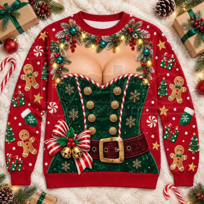 Funny 3D Print Fake Chest Ugly Christmas Sweater – Novelty Holiday Pullover
