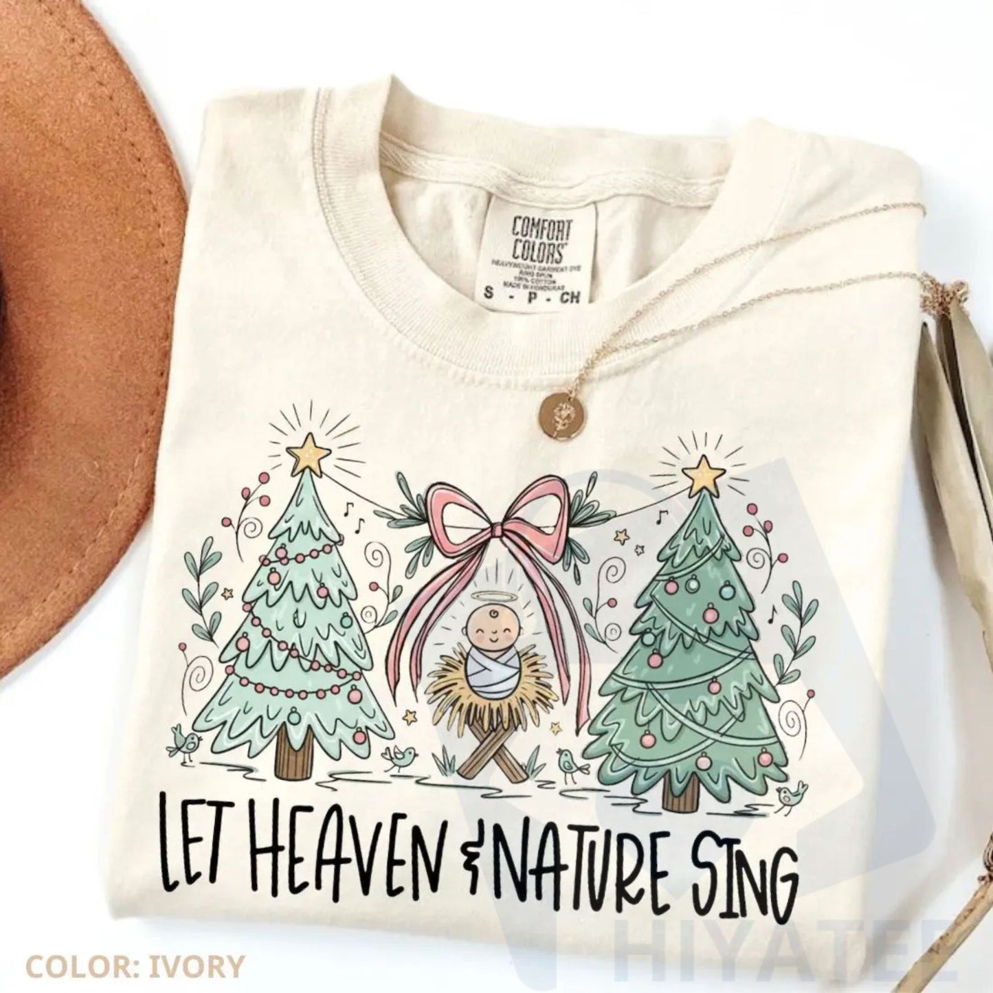 Comfort Colors "Heaven and Nature Sing" T-Shirt – Whimsical Christmas Nativity Bow Trees Tee