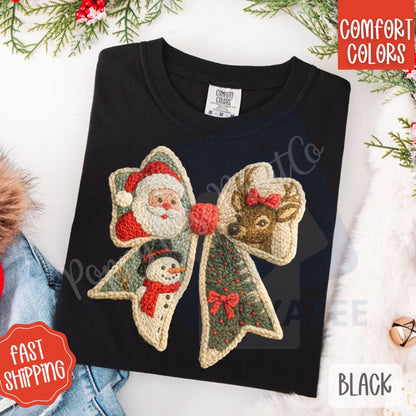 Knit Christmas Bow Shirt Comfort Colors – Trendy Women's Holiday T-shirt, Vintage Faux Knit Aesthetic Tee