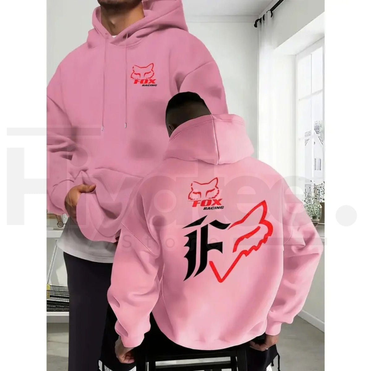 Men's Fleece Baggy Motorcycle Fox Print Hoodie – Dual-Sided Casual Long Sleeve Streetwear Pullover