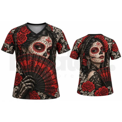 Lady's Mexican Día de los Muertos Skull La Catrina V-Neck Sports Top