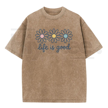 Holafish Acid Wash Daisy Print T-Shirt – Vintage Streetwear Drop Shoulder Graphic Tee