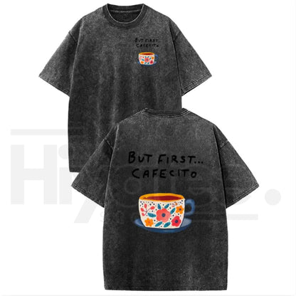 Women's Vintage Acid Washed Coffee Graphic T-Shirt – Casual Thanksgiving Drop Shoulder Top