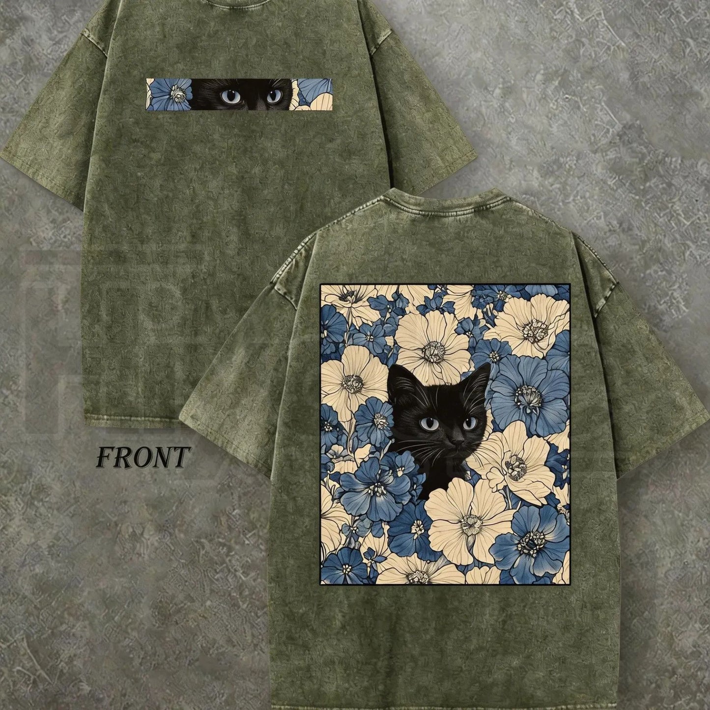 "Cat in the Flowers" Double-Sided T-Shirt – Vintage Washed 230gsm Heavyweight Streetwear