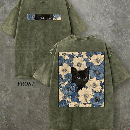 "Cat in the Flowers" Double-Sided T-Shirt – Vintage Washed 230gsm Heavyweight Streetwear