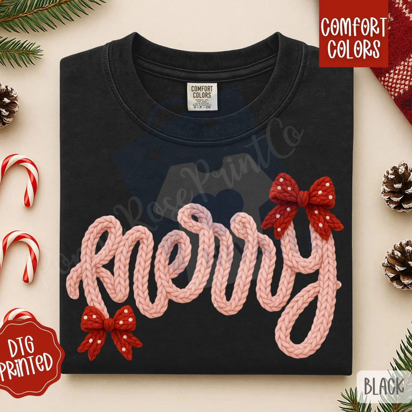 Faux Knit Merry Shirt Comfort Colors – Trendy Women's Christmas T-shirt, Vintage Knit Style Holiday Tee