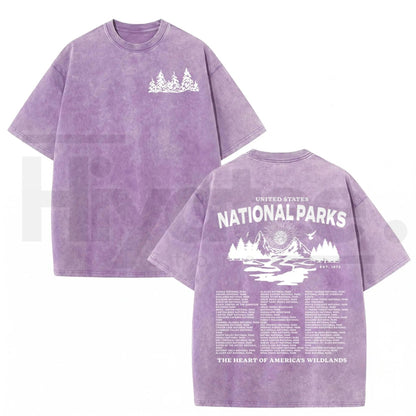 Vintage Wash National Parks Graphic Tee – Retro Nature Acid Washed Heavyweight Streetwear Shirt