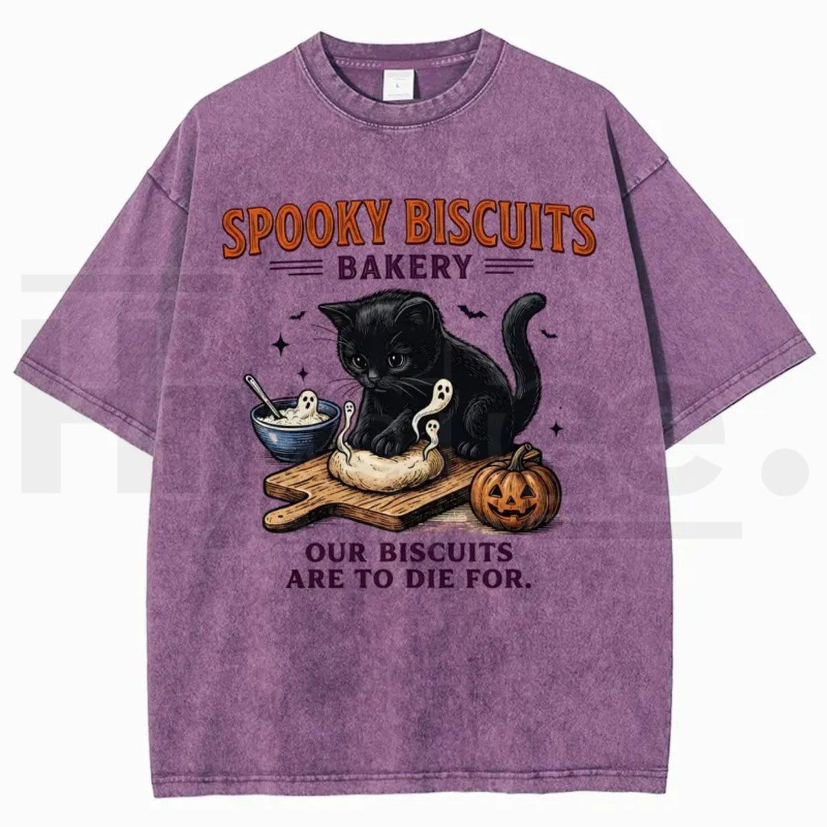 Men's Spooky Biscuits Black Cat Halloween T-Shirt – Vintage Brown Acid-Wash Oversized Cotton Tee