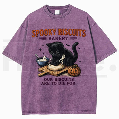 Men's Spooky Biscuits Black Cat Halloween T-Shirt – Vintage Brown Acid-Wash Oversized Cotton Tee