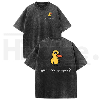 Holafish Women's Retro Vintage "Eat Grapes?" Duck Graphic T-Shirt – Oversized Heavy Washed Cotton Streetwear Tee