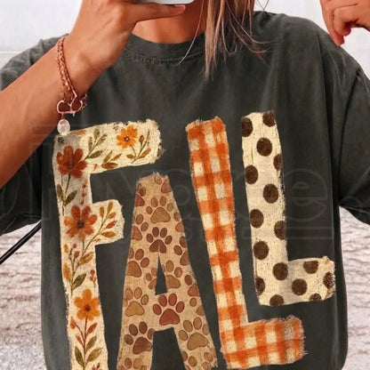 Fall Patchwork Comfort Colors Cute Autumn Floral Paw Print Shirt