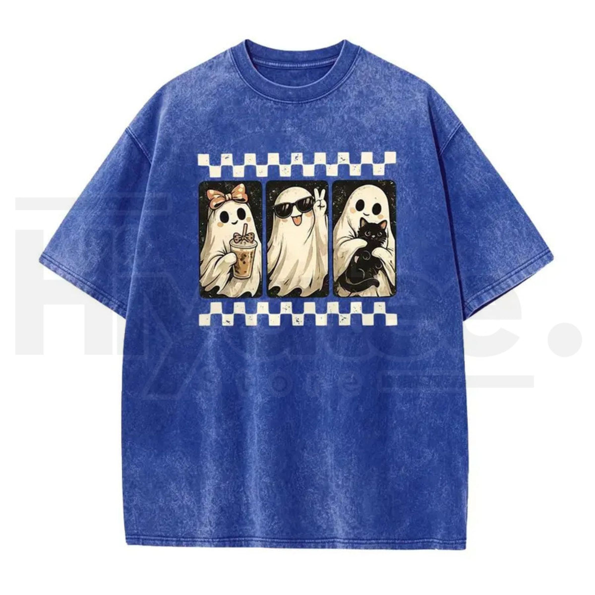 Spooky Theme Halloween Black Cat & Ghost Collage T-Shirt – Vintage Acid Wash Fall Graphic Cotton Tee