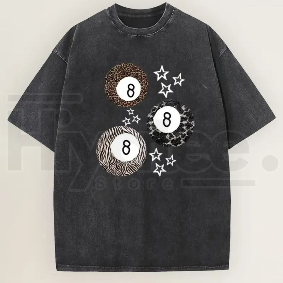 Women's Acid Wash 8 Ball Leopard & Stars Graphic T-Shirt – Retro Streetwear Cotton Tee