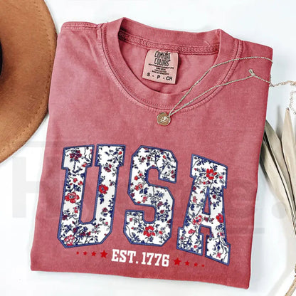 Comfort Colors® Floral USA Shirt – Retro Botanical Patriotic Digital Print Tee