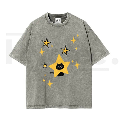 Unisex Minimalist Black Cartoon Kitten and Five-Pointed Star Graphic Washed T-Shirt – Y2K Vintage Oversized Cotton Top