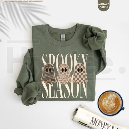 Spooky Season Sweatshirt – Leopard Ghost, Camo Ghost, Checkered Ghost Crewneck, Halloween Fall Gift