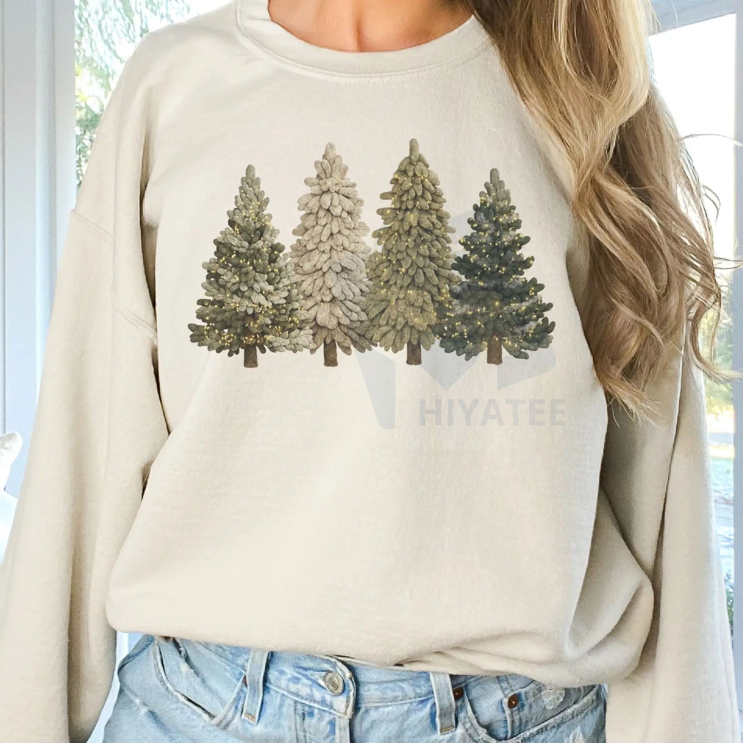 Cozy Season Holiday Sweatshirt: Trendy Christmas Trees, Reindeer, Highland Cow & Gingerbread Crochet Print Pullover