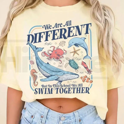 Comfort Colors® We Are All Different But Swim Together Teacher T-Shirt – Inclusive Ocean Animals Graphic Tee, Back To School Educator Gift