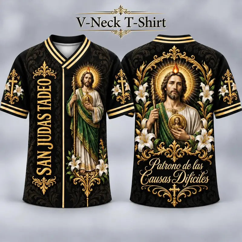 Men's San Judas Tadeo Graphic V-Neck Shirt & Baseball Jersey Style Top