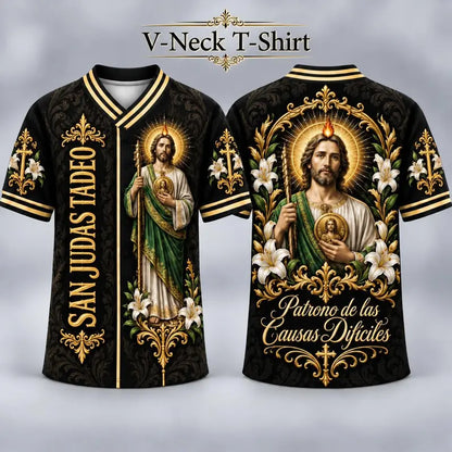 Men's San Judas Tadeo Graphic V-Neck Shirt & Baseball Jersey Style Top