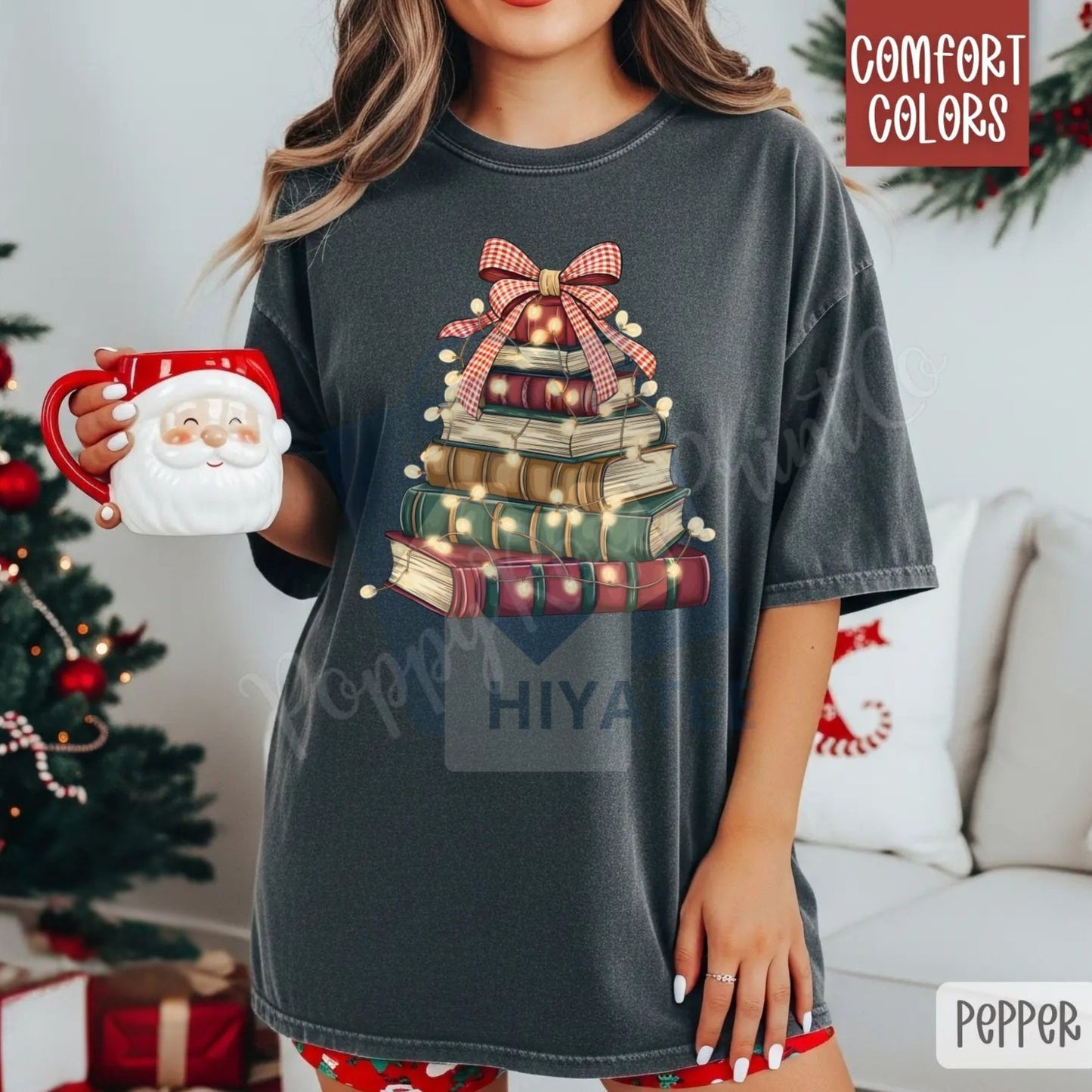 Christmas Book Tree Shirt Comfort Colors – Trendy Women's Holiday Reading T-shirt, Book Lover Gift, Library Tee