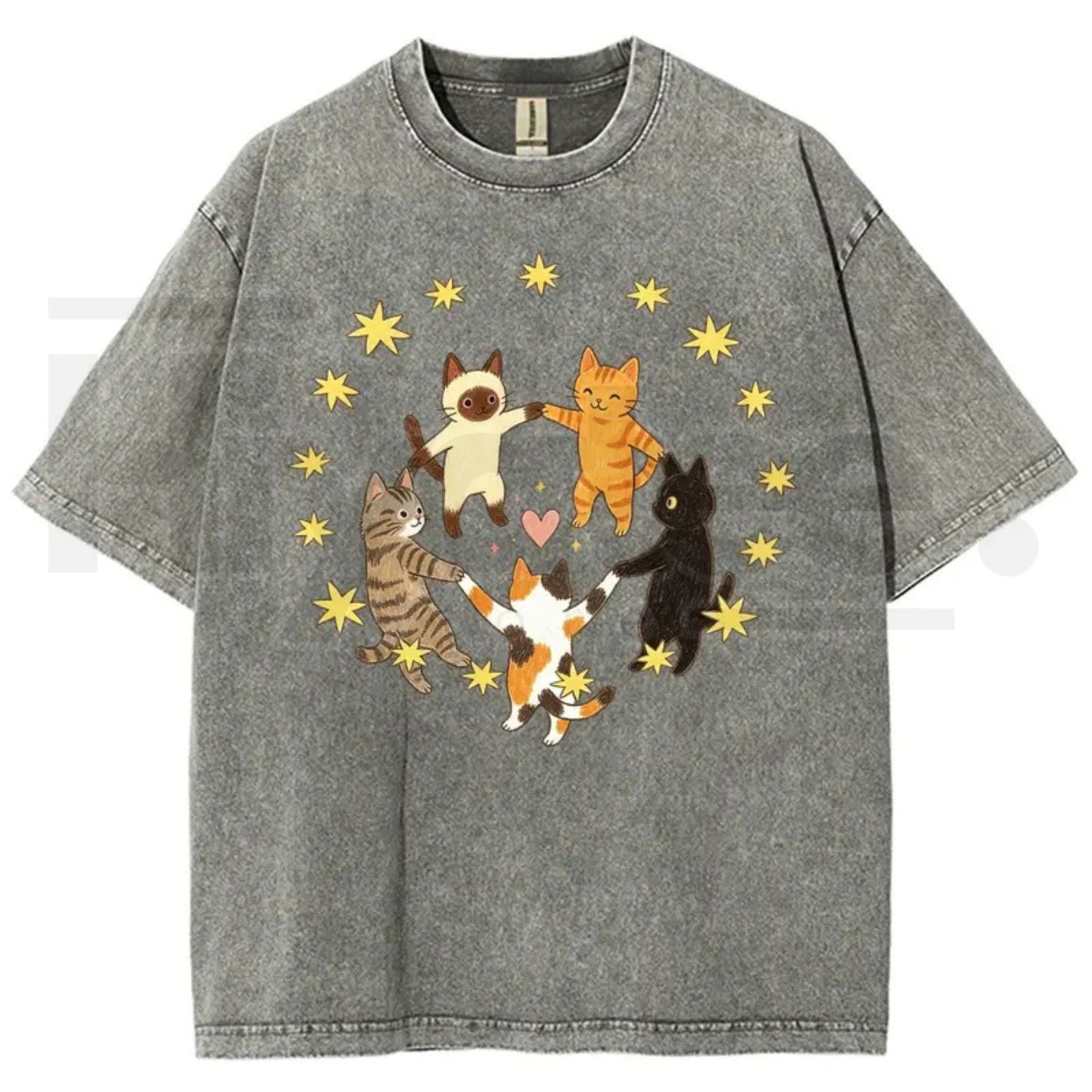 Five Holding Hands Circle Cats Yellow Star Heart Vintage Washed Tee – Y2K Aesthetic Cute Graphic Shirt