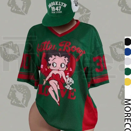 Streetwear Y2K Mesh Breathable American Vintage Doll Print V-Neck Short Sleeve T-Shirt