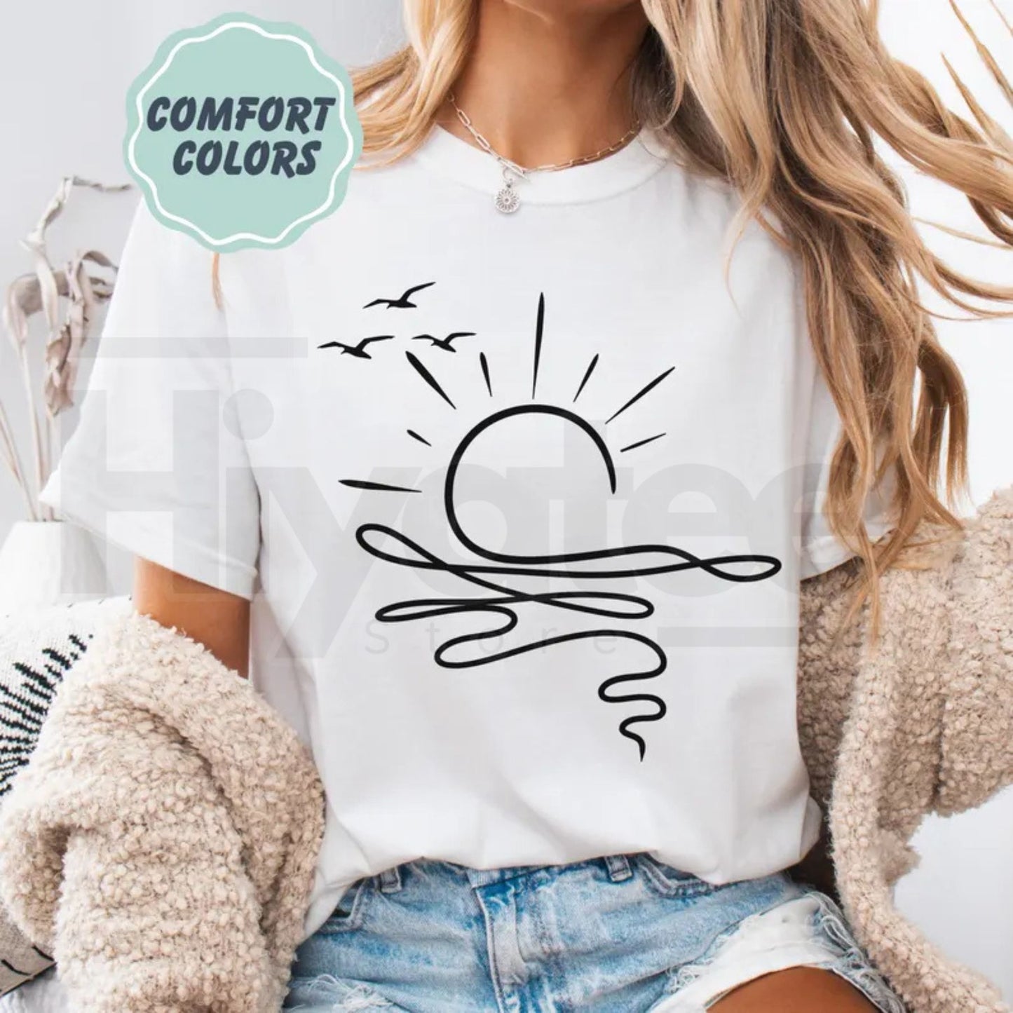 Comfort Colors Sun Ocean Shirt – Linear Graphic Boho Summer Tee, Trendy Cute Minimalist Beach T-Shirt