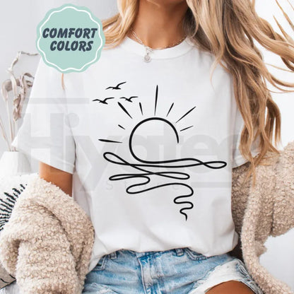 Comfort Colors Sun Ocean Shirt – Linear Graphic Boho Summer Tee, Trendy Cute Minimalist Beach T-Shirt