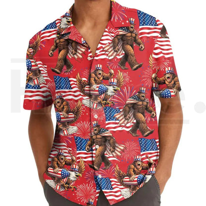 Bigfoot Firework Hawaiian Shirt – Patriotic Aloha Shirt, USA Flag Print, Summer Vacation Party Wear, Gift For Him