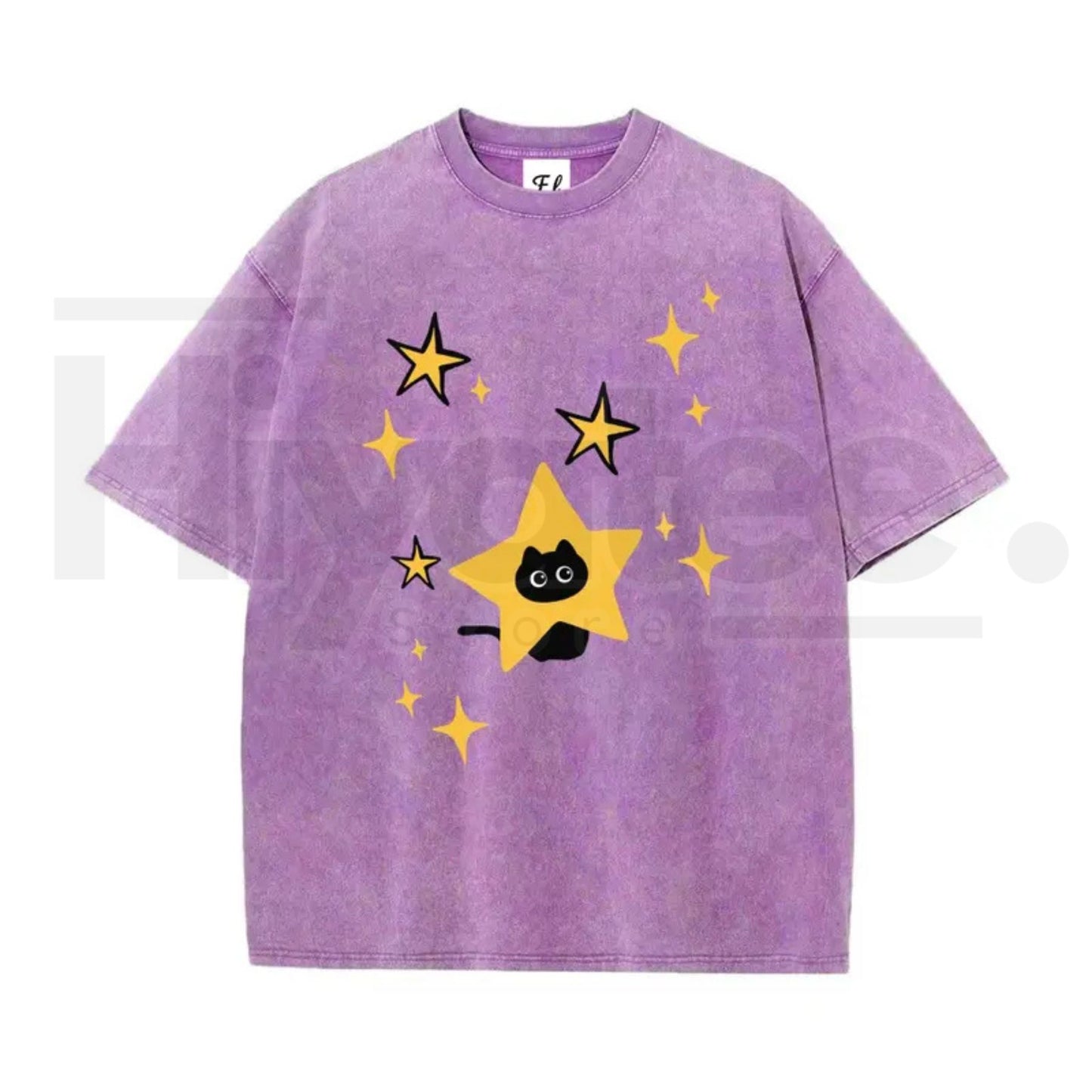 Unisex Minimalist Black Cartoon Kitten and Five-Pointed Star Graphic Washed T-Shirt – Y2K Vintage Oversized Cotton Top