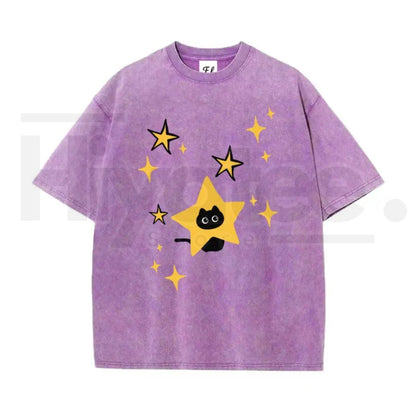 Unisex Minimalist Black Cartoon Kitten and Five-Pointed Star Graphic Washed T-Shirt – Y2K Vintage Oversized Cotton Top