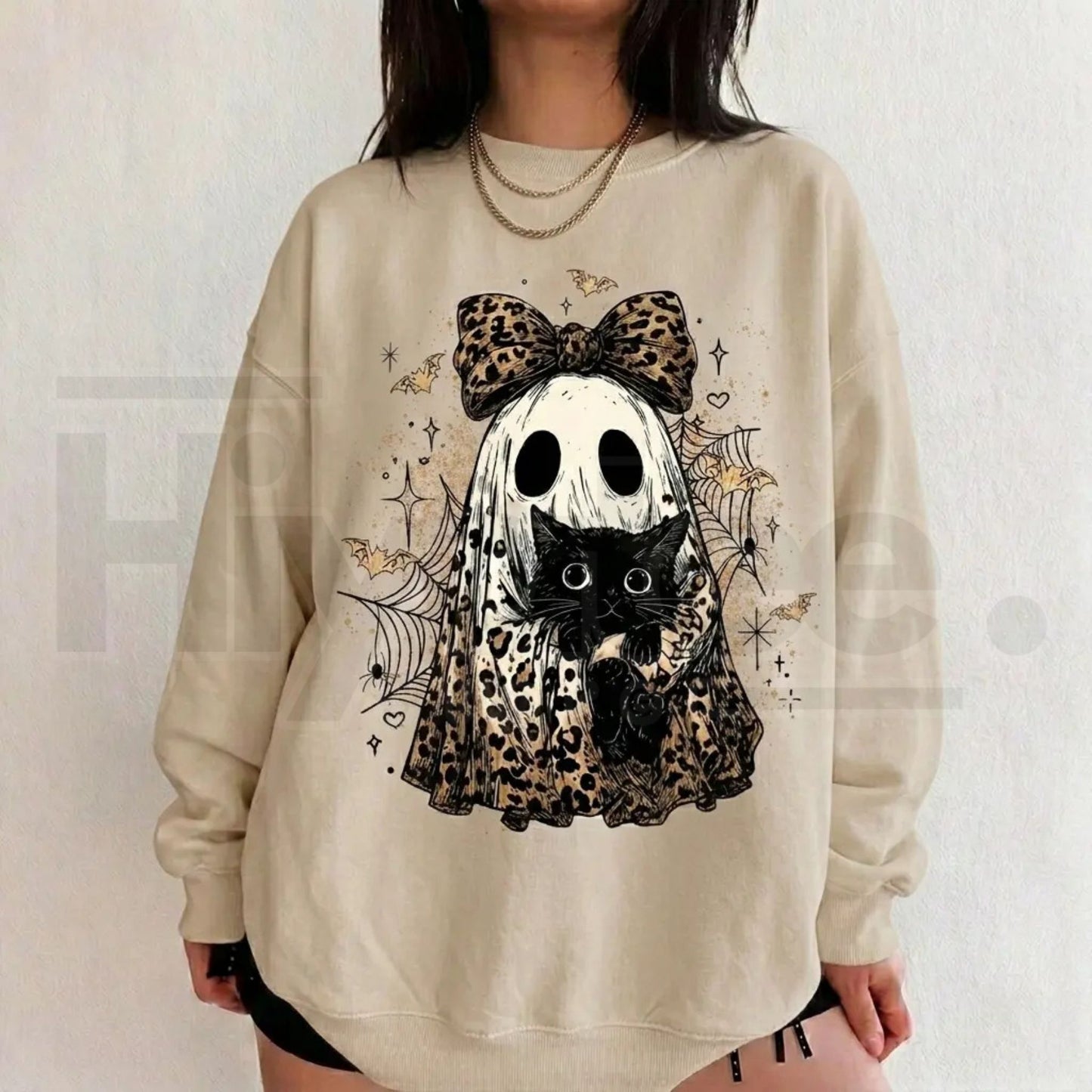 Leopard Ghost Cat Halloween Sweatshirt – Cute Spooky Black Cat Graphic Shirt, Coquette Bow Ghost Fall Outfit