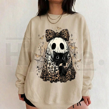 Leopard Ghost Cat Halloween Sweatshirt – Cute Spooky Black Cat Graphic Shirt, Coquette Bow Ghost Fall Outfit